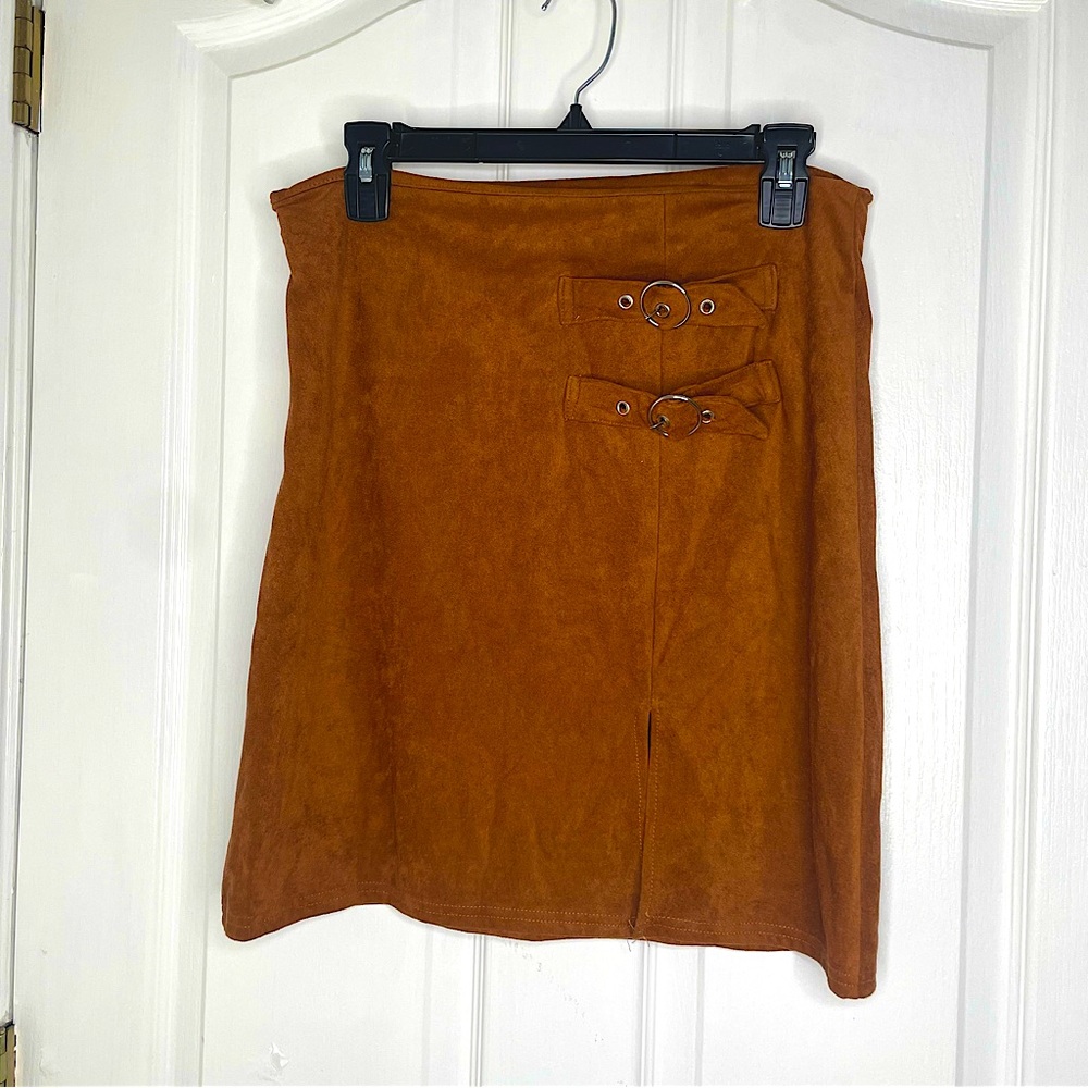 Camel Suede Mini Skirt with silver hardware Buckle detail- Size Large